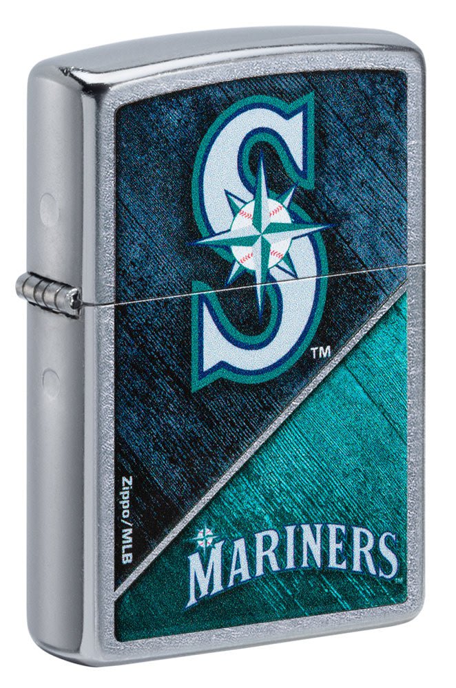 Front shot of MLB® Seattle Mariners™ Street Chrome™ Windproof Lighter standing at a 3/4 angle.