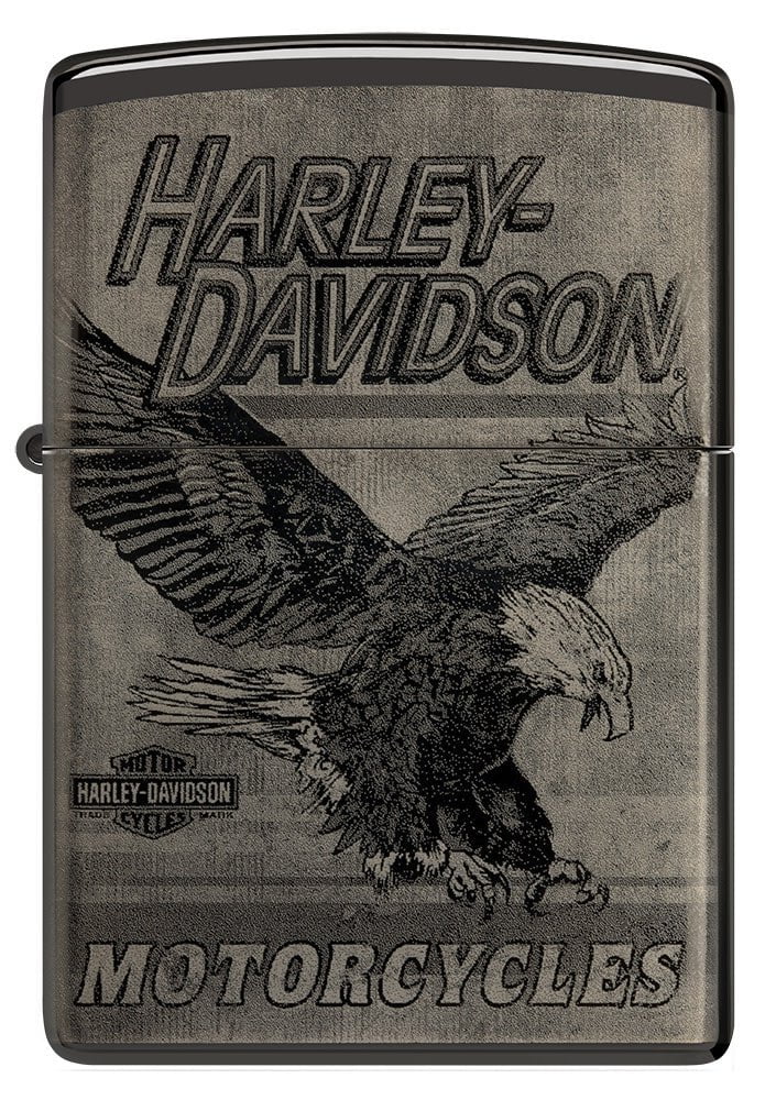 Front shot of Harley-Davidson Eagle Photo Image 360° High Polish Black Windproof Lighter.