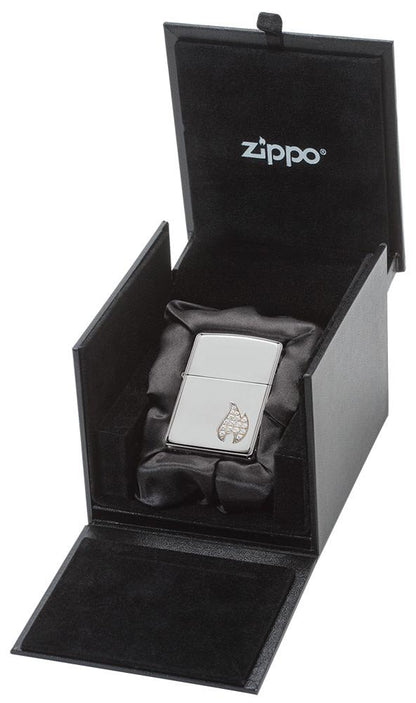 ArmorÂ® Sterling Silver Flame Emblem Windproof Lighter in its luxury cube packaging.