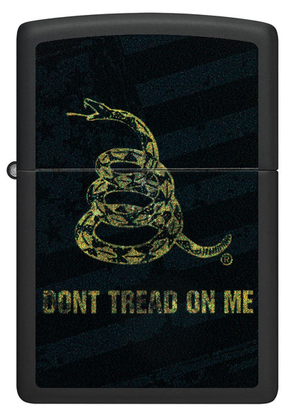 Front view of Zippo Don't Tread On Me Snake and Flag Black Matte Windproof Lighter.