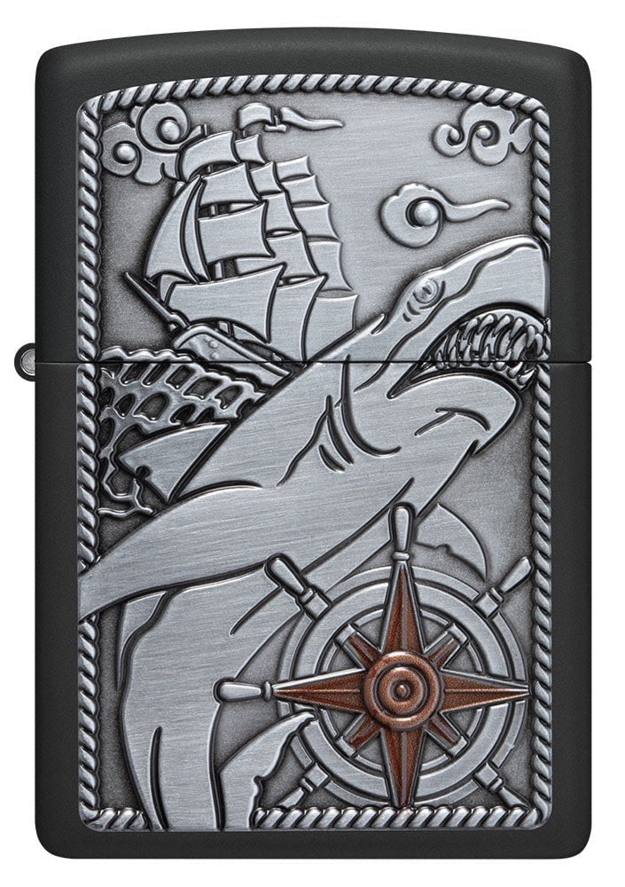 Front shot of Zippo Ship Shark Emblem Design Black Matte Windproof Lighter.
