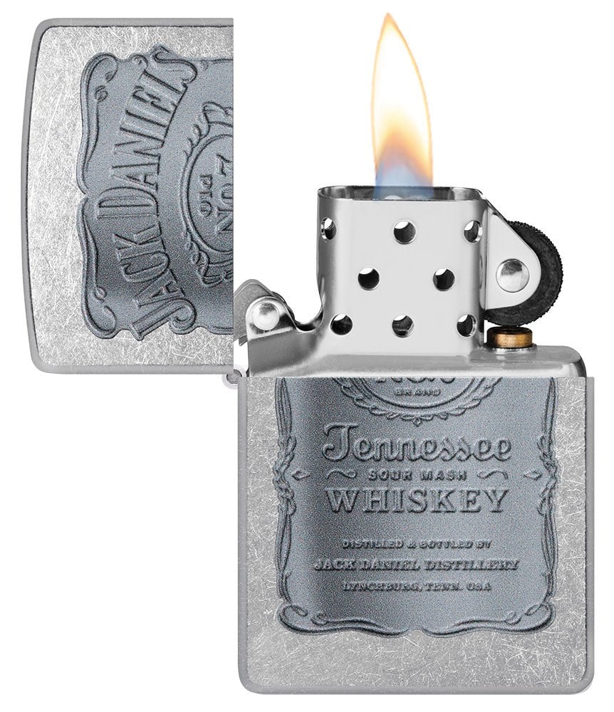 Jack Daniel's Silver Logo Street Chrome Windproof Lighter with its lid open and lit.