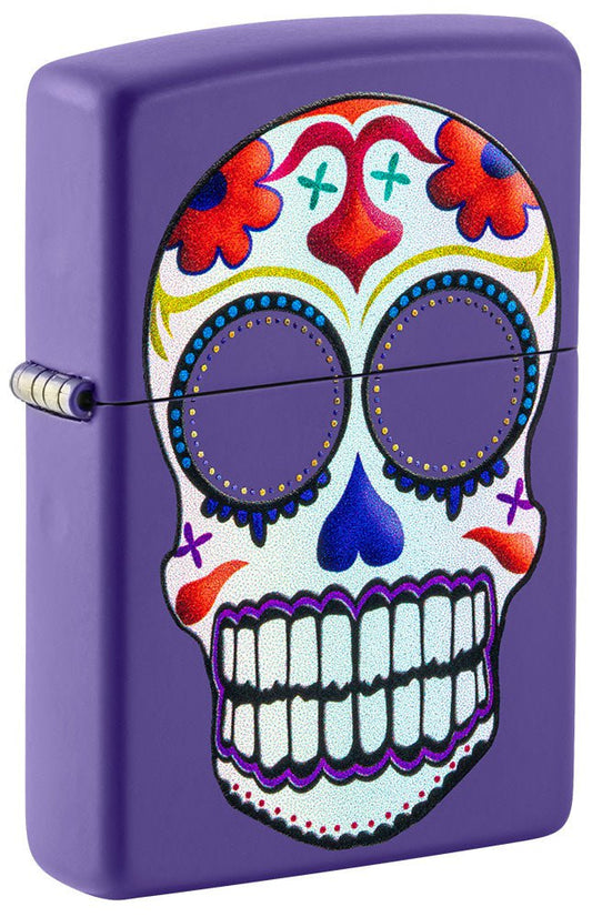 Front shot of Sugar Skull Design Purple Matte Windproof Lighter standing at a 3/4 angle.