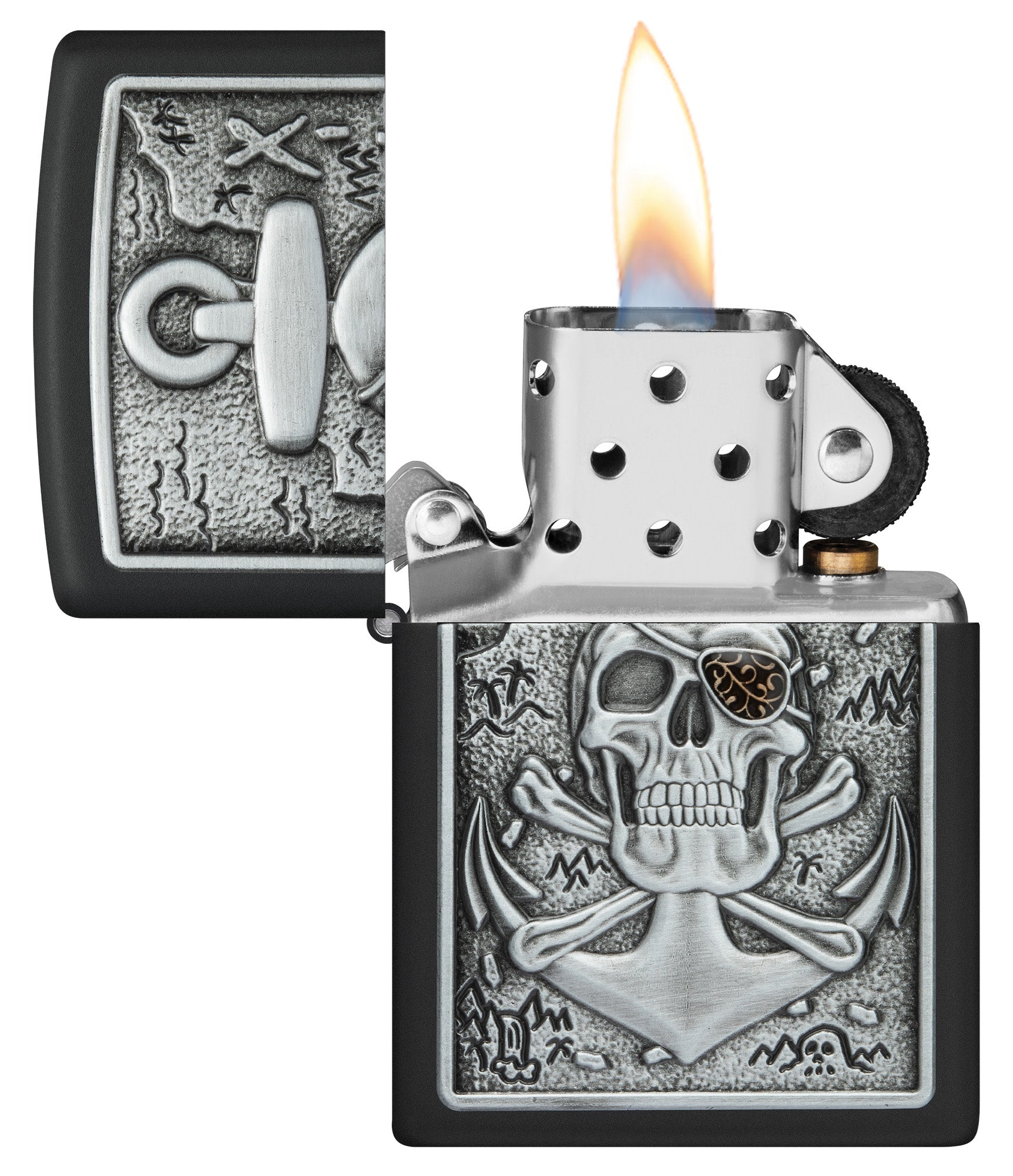 Skull Anchor Emblem Design Black Matte Windproof Lighter with its lid open and lit.