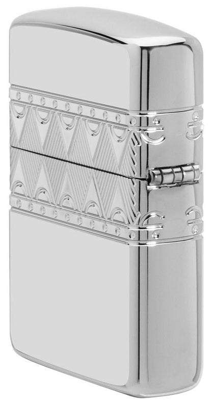 Angled view of Armor® Sterling Silver Diamond Pattern Design Windproof Lighter, showing the back and hinge side of the lighter.