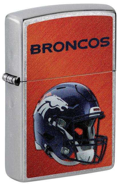 Front shot of NFL Denver Broncos Helmet Street Chrome Windproof Lighter standing at a 3/4 angle.