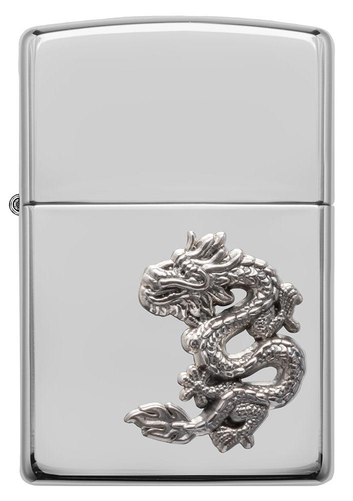 Front view of Armor® Chinese Dragon Sterling Silver Emblem Windproof Lighter.