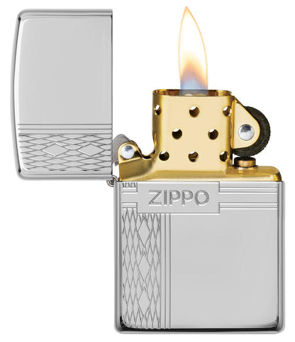 ArmorÂ® Sterling Silver Zippo Diamond Design Windproof Lighter with its lid open and lit