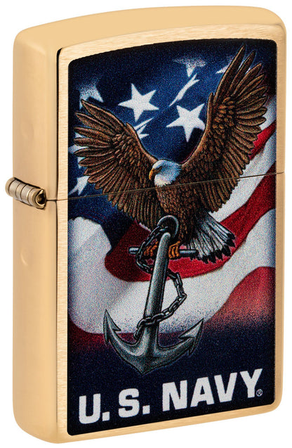 Front shot of Zippo U.S. Navy Eagle Anchor & Flag Brushed Brass Windproof Lighter standing at a 3/4 angle.