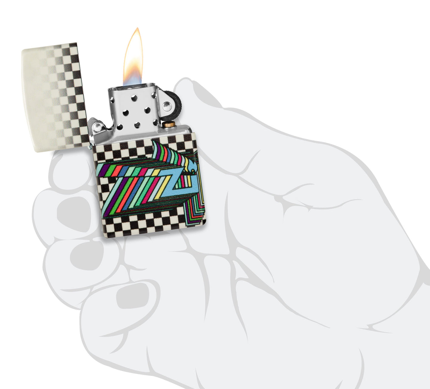 Zippo Nostalgia Design 540 Color Glow in the Dark Windproof Lighter lit in hand.