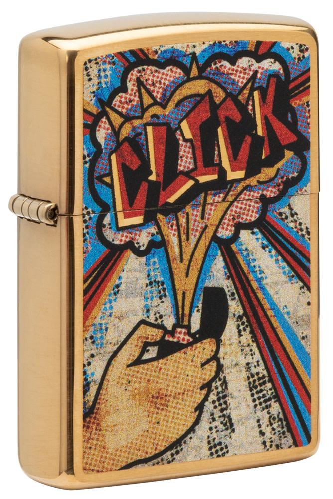 Front shot of Zippo Click Brushed Brass Windproof Lighter standing at a 3/4 angle