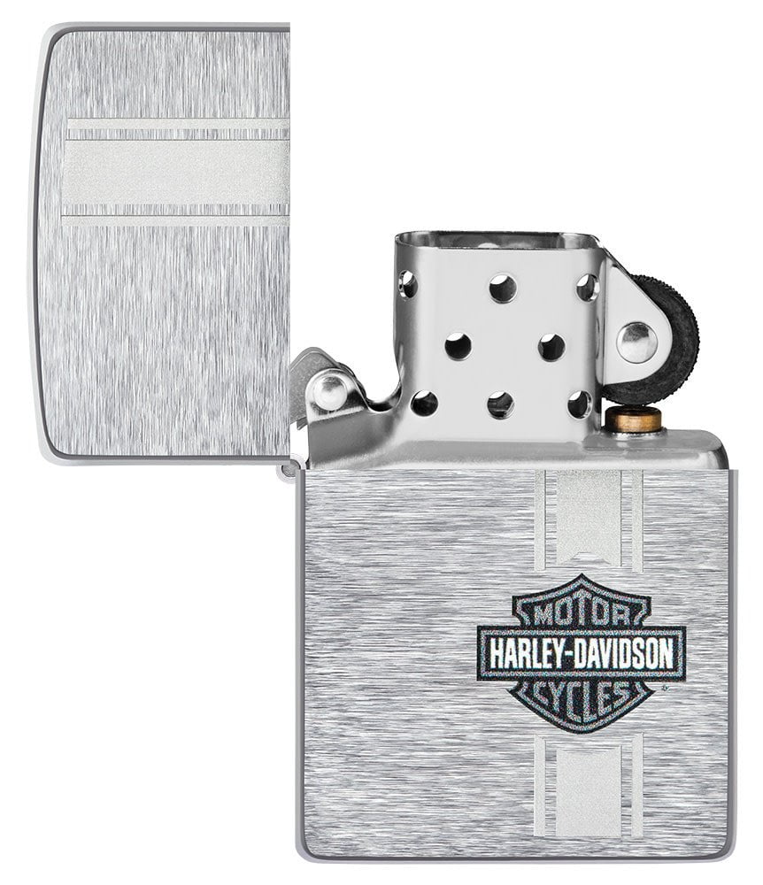 Harley-Davidson® Bar and Shield Brushed Chrome Windproof Lighter with its lid open and unlit.