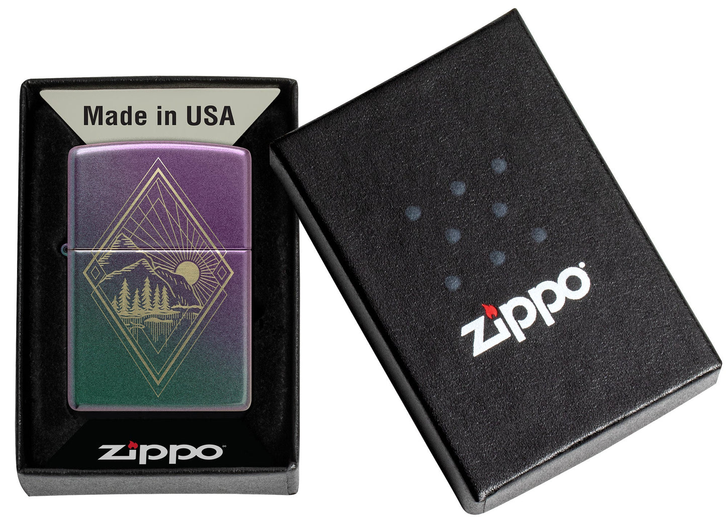 Geometric Outdoor Design Iridescent Windproof Lighter in its packaging.