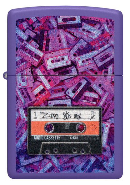 Front view of Zippo Cassette Tape Design Purple Matte Windproof Lighter.