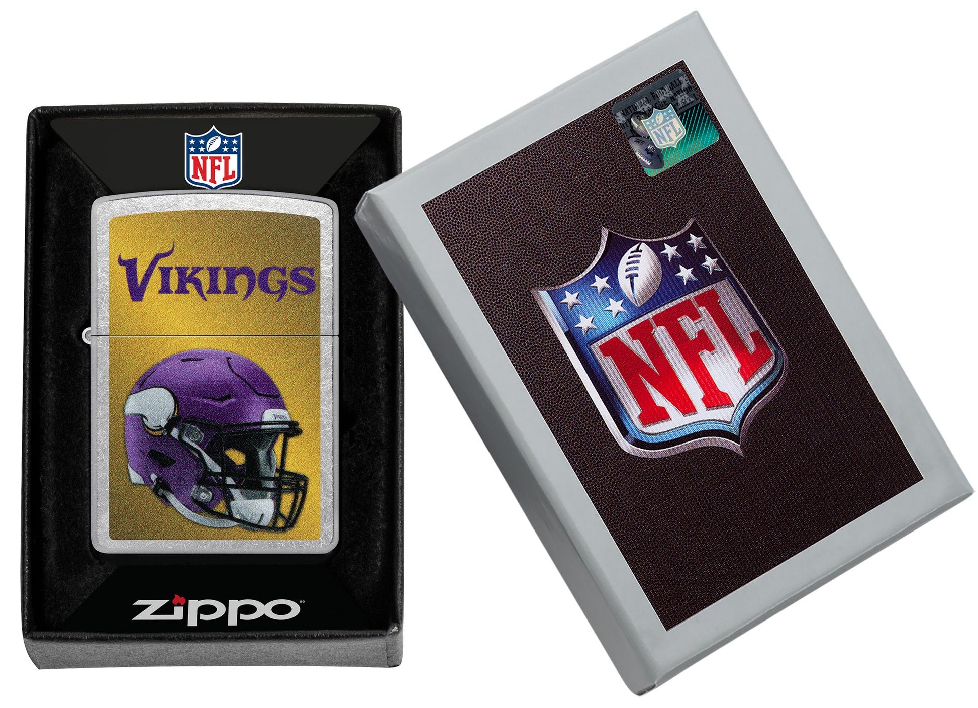 NFL Minnesota Vikings Helmet Street Chrome Windproof Lighter in its packaging.