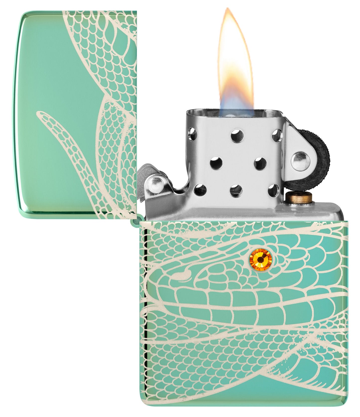 Snake Design High Polish Green Windproof Lighter lit in hand.