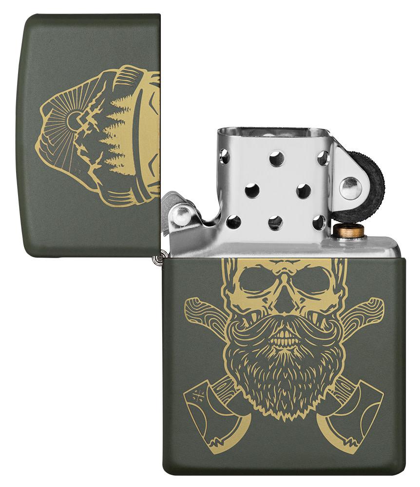 Outdoor Skull Design Green Matte Windproof Lighter with its lid open and unlit