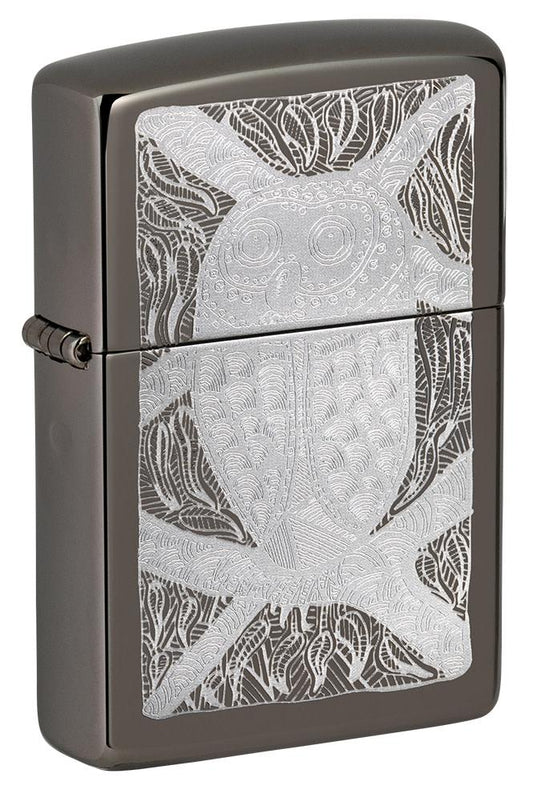 Front shot of John Smith Gumbula Owl Black Ice® Windproof Lighter standing at a 3/4 angle