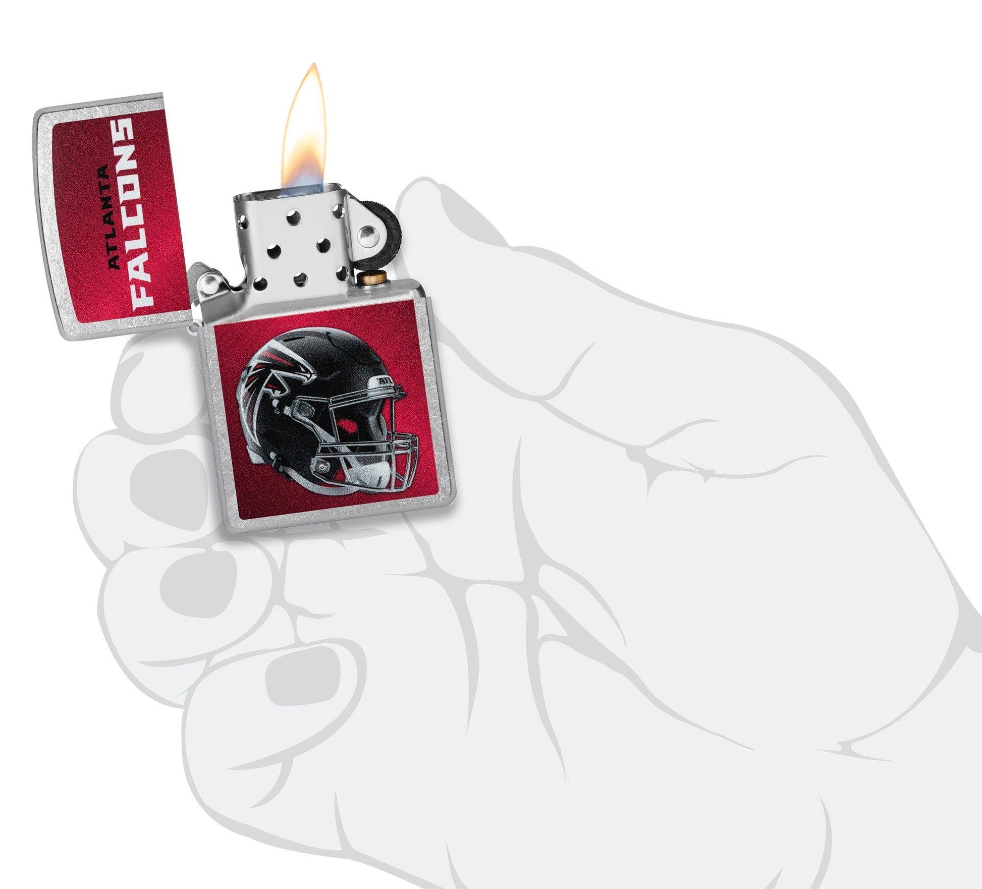 NFL Atlanta Falcons Helmet Street Chrome Windproof Lighter lit in hand.