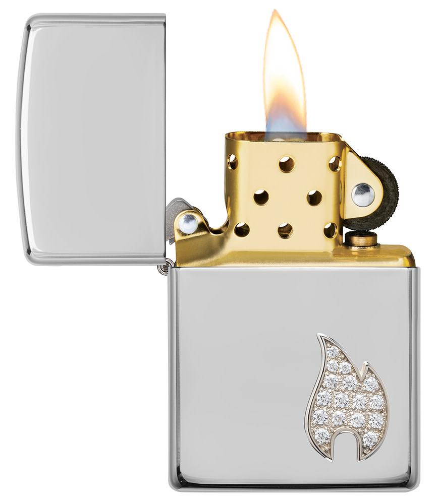 ArmorÂ® Sterling Silver Flame Emblem Windproof Lighter with its lid open and lit.