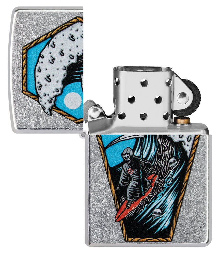 Reaper Surfer Design Street Chrome™ Windproof Lighter with its lid open and unlit.