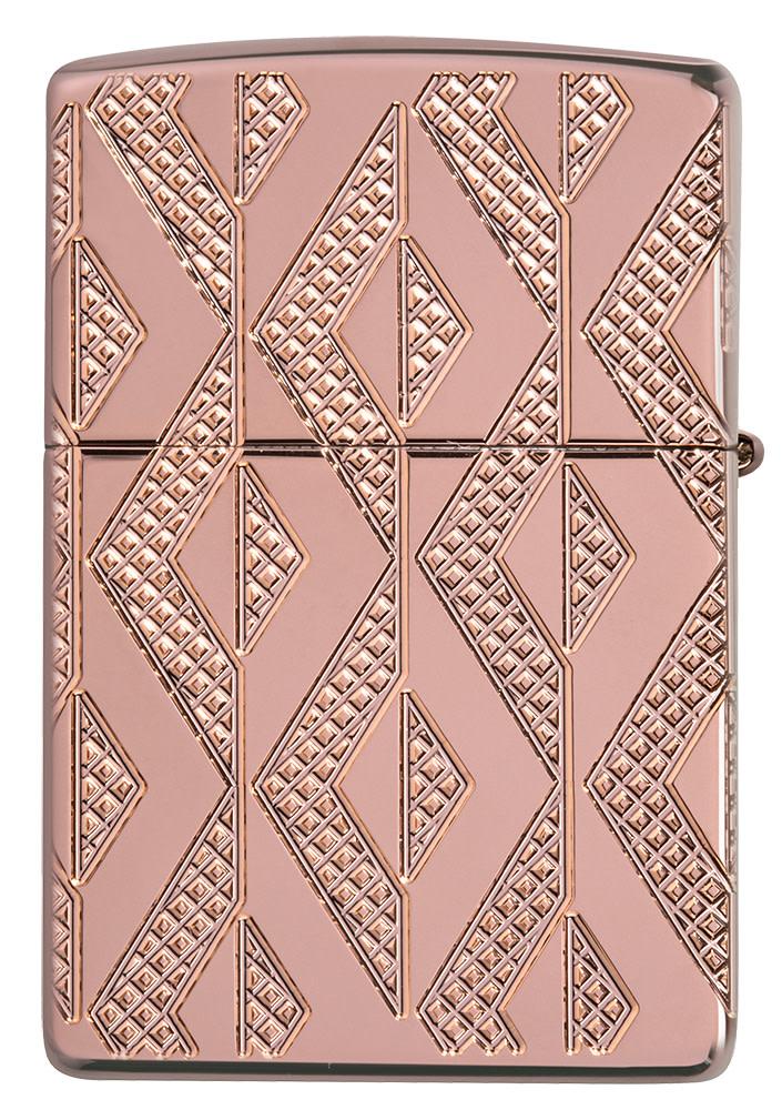 Back view of Geometric Diamond Pattern Design Armor® Rose Gold Windproof Lighter.