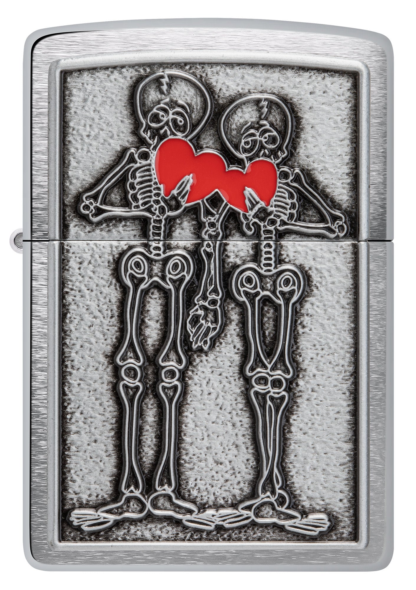 Front view of Zippo Couple Love Emblem Brushed Chrome Windproof Lighter.