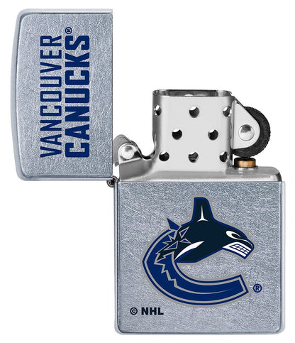 NHL Vancouver Canucks Street Chrome™ Windproof Lighter with its lid open and unlit