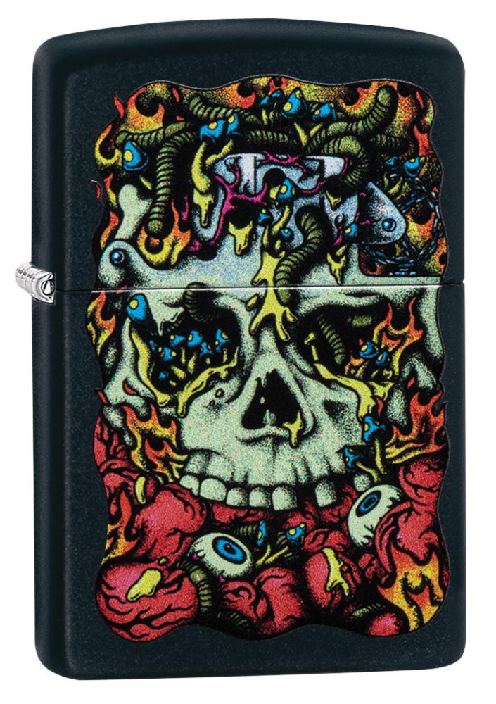 Front shot of Lighter Innards Design Black Matte Windproof Lighter standing at a 3/4 angle