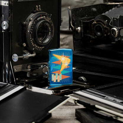 Lifestyle image of Retro Zippo Design High Polish Blue Windproof Lighter standing with vintage cameras.