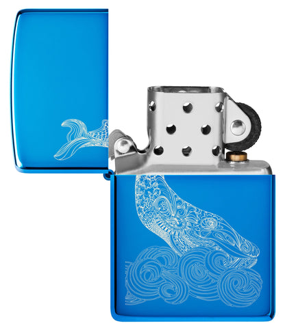 Whale Design High Polish Blue Windproof Lighter with its lid open and unlit.