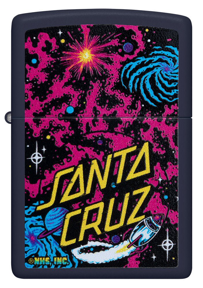 Front shot of Santa Cruz Outer Space Galaxy Design Navy Matte Windproof Lighter.