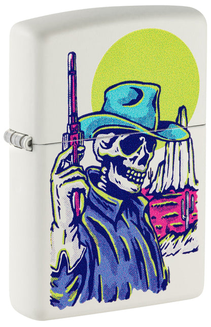 Front shot of Zippo Wild West Skeleton Design White Matte Windproof Lighter standing at a 3/4 angle.