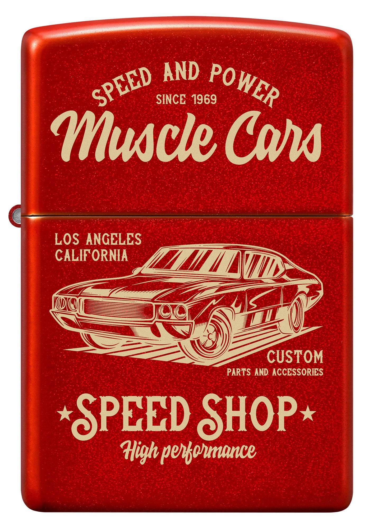 Front view of Zippo Muscle Car Design Metallic Red Windproof Lighter.