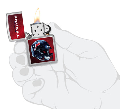 NFL Houston Texans Helmet Street Chrome Windproof Lighter lit in hand.