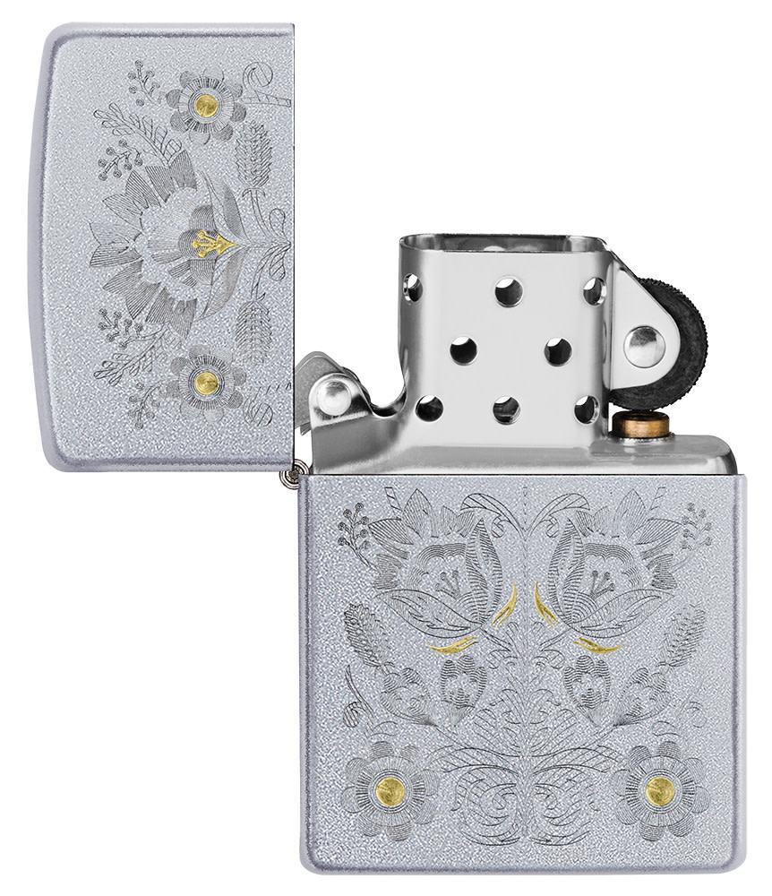 Painted Floral Satin Chrome Windproof Lighter with its lid open and unlit