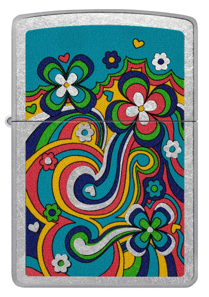 Front shot of Zippo Flower Power Design Street Chrome Pocklet Lighter.