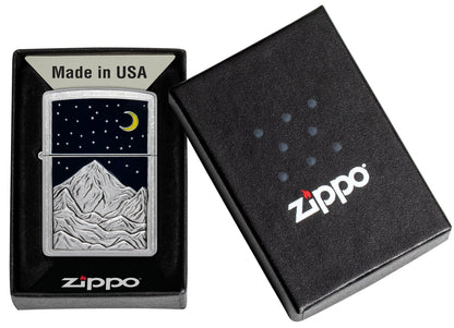 Zippo Mountain Emblem Street Chrome Windproof Lighter in its packaging.