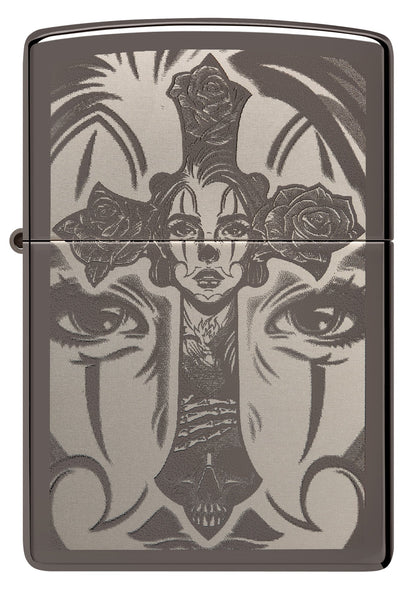 Front shot of Day of the Dead Skull Cross Design Black Ice Windproof Lighter.