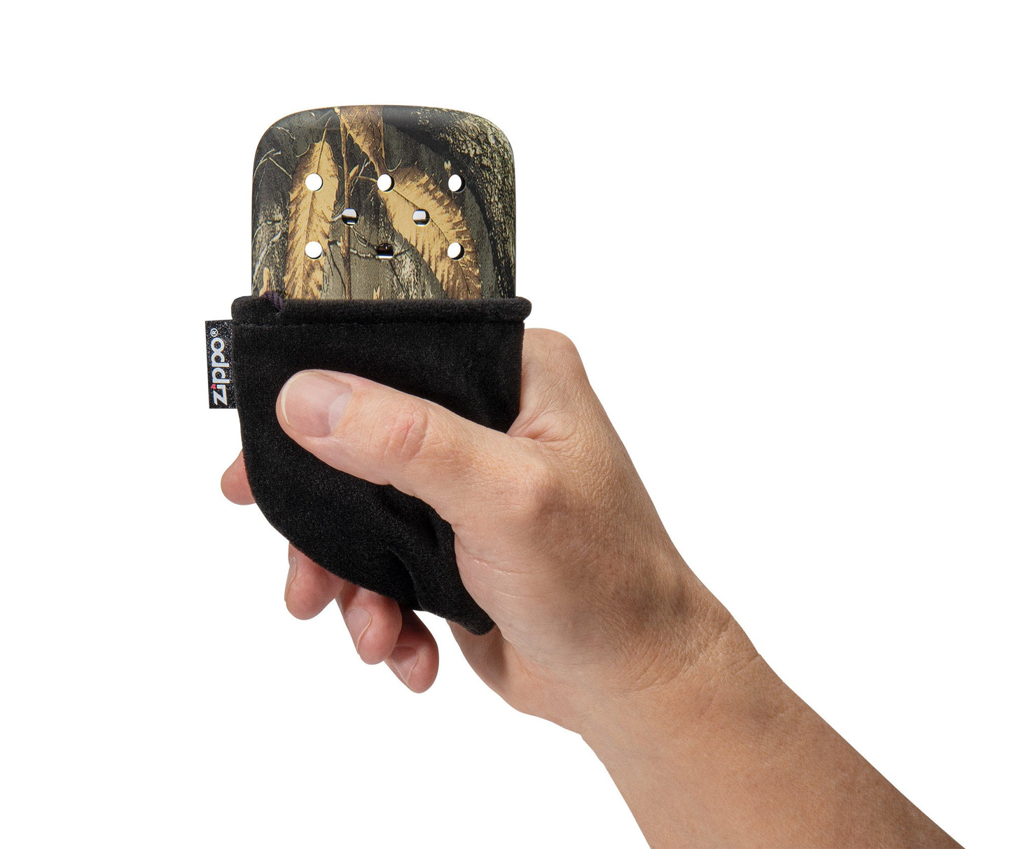 12-Hour Realtree® Edge Refillable Hand Warmer in hand in it's included pouch.