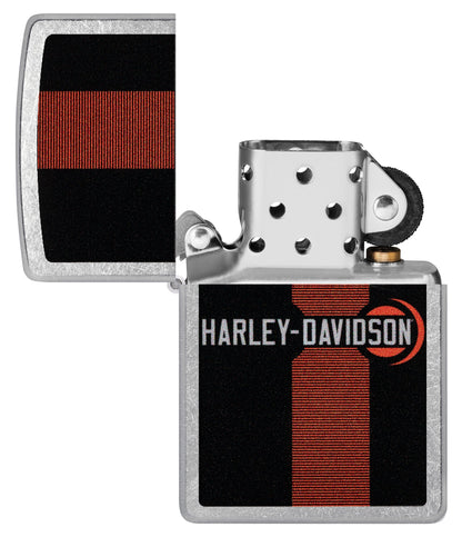 Zippo Harley-Davidson Logo Design Street Chrome Windproof Lighter with its lid open and unlit.
