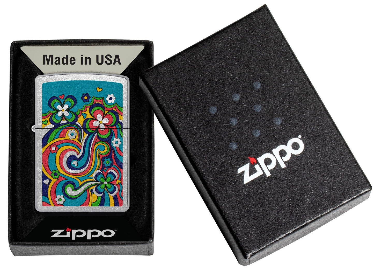 Zippo Flower Power Design Street Chrome Pocklet Lighter in its packaging.