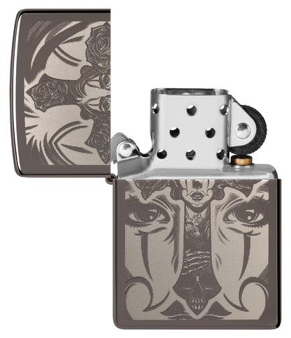 Day of the Dead Skull Cross Design Black Ice Windproof Lighter with its lid open and unlit.