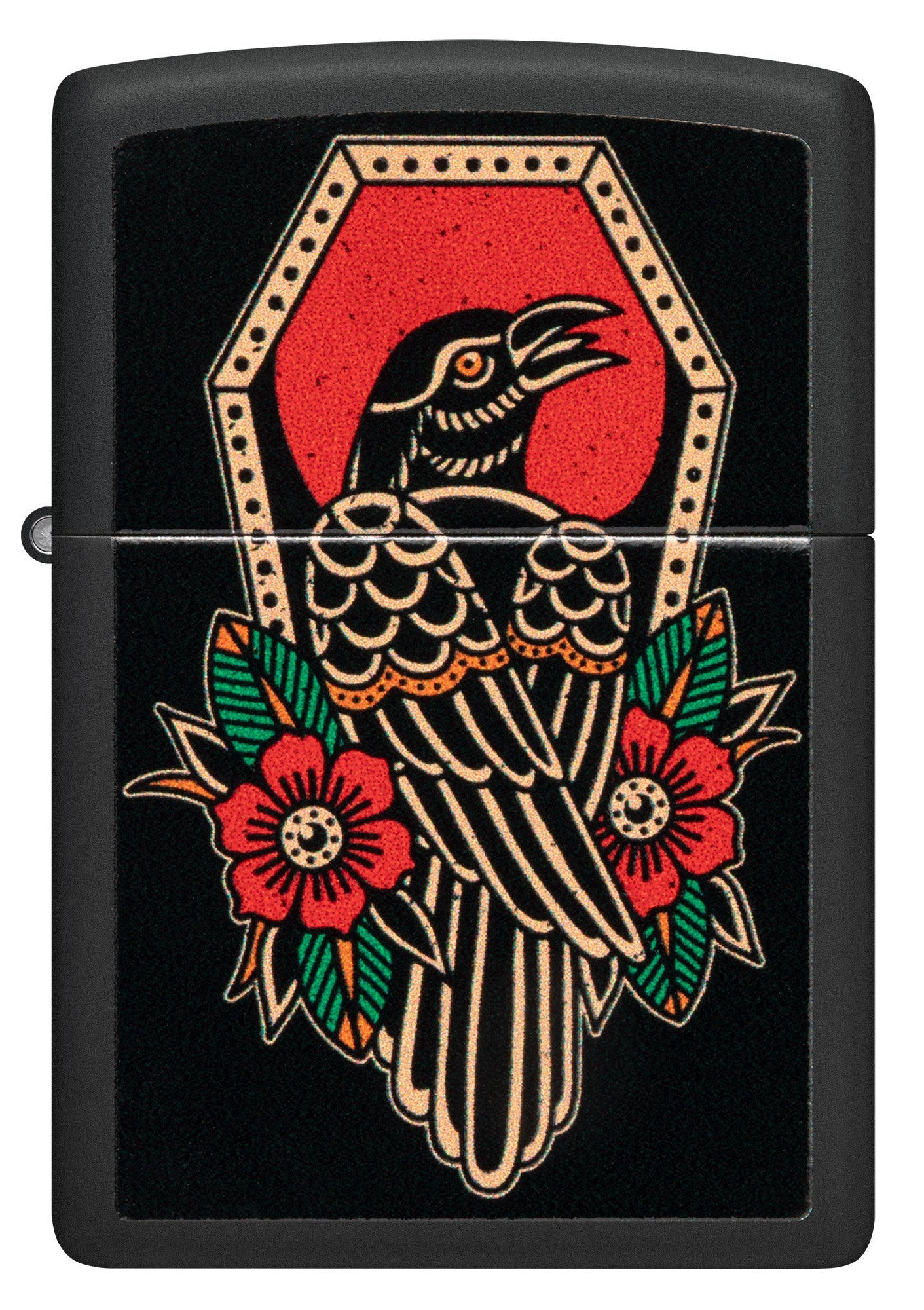 Front view of Zippo Crow Tattoo Design Black Matte Windproof Lighter.