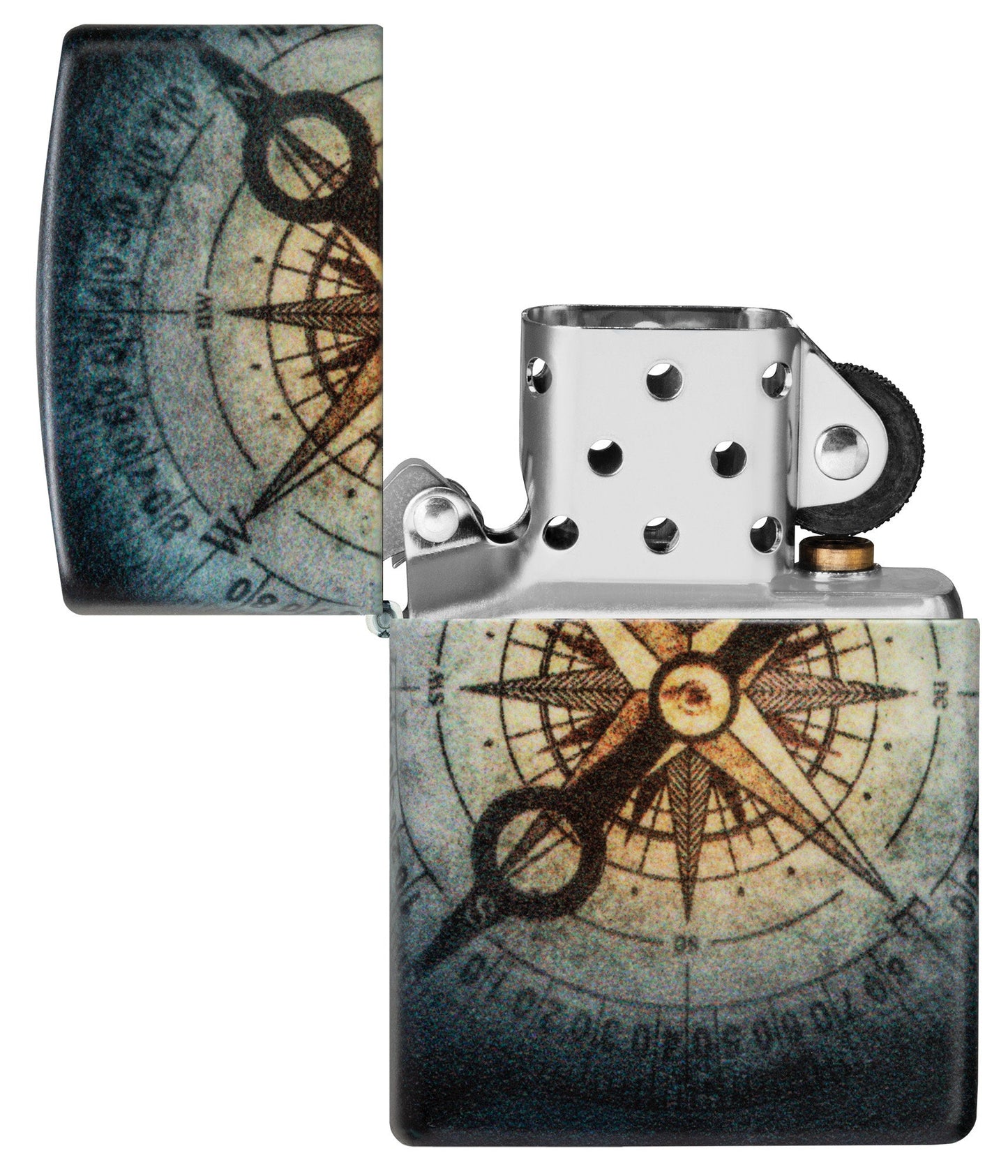 Zippo Compass Ghost Design 540 Glow in the Dark Windproof Lighter with its lid open an unlit.