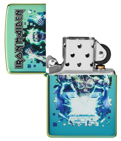 Iron Maiden Eddie Design High Polish Teal Windproof Lighter with its lid open and unlit.