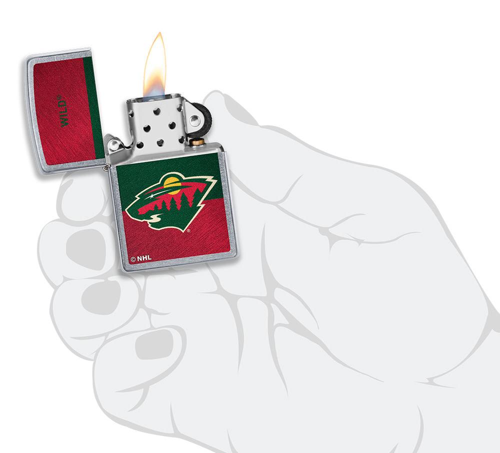 NHL® Minnesota Wild Street Chrome™ Windproof Lighter lit in hand