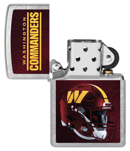 NFL Washington Commanders Helmet Street Chrome Windproof Lighter with its lid open and unlit.