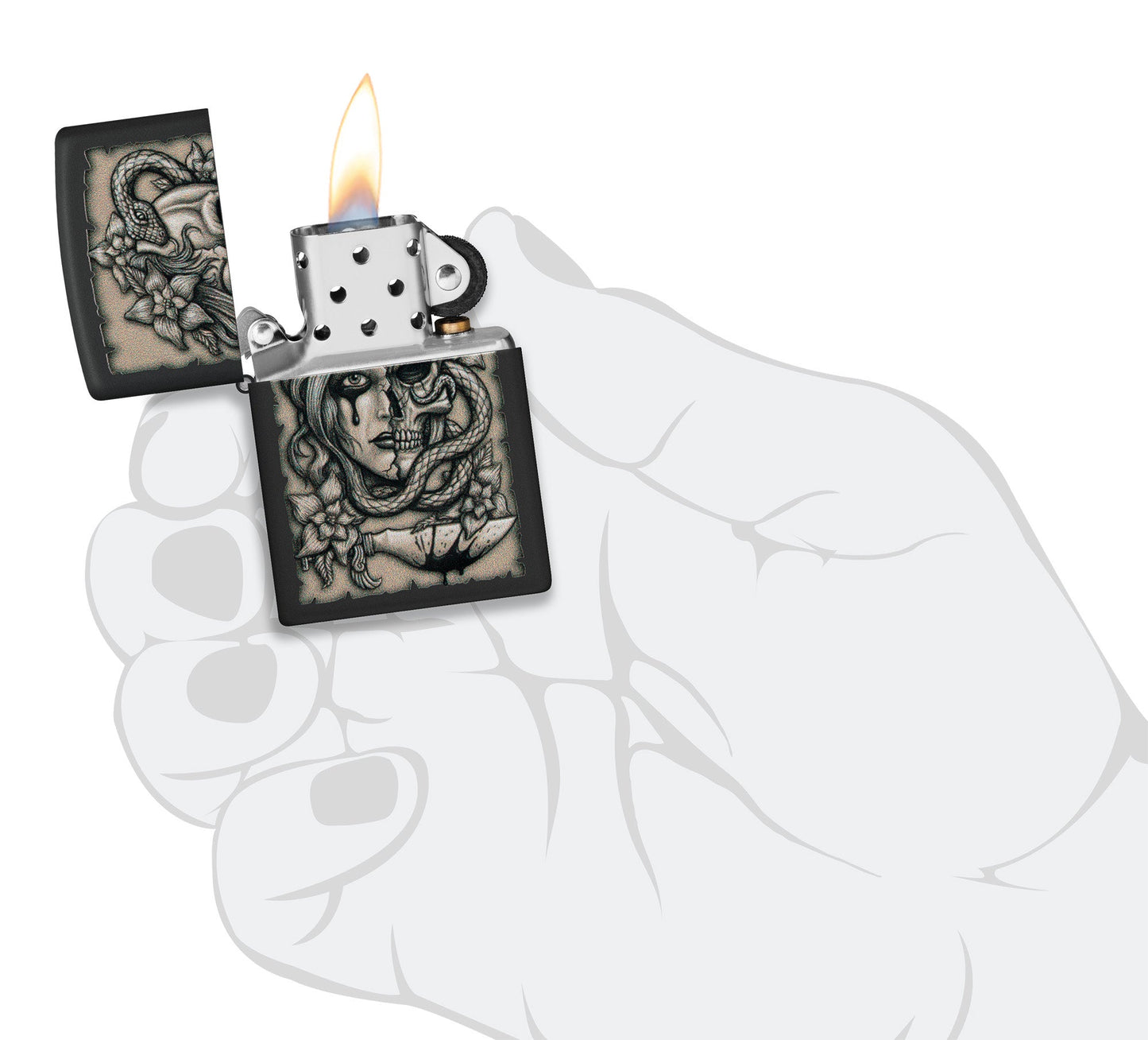 Zippo Gory Tattoo Design Black Matte Windproof Lighter lit in hand.