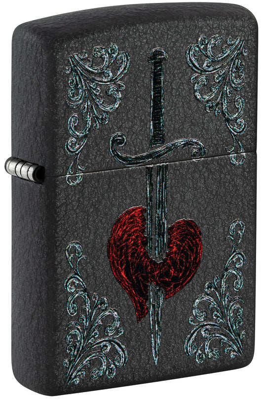 Front shot of Zippo Heart Dagger Tattoo Design Black Crackle Windproof Lighter standing at a 3/4 angle.